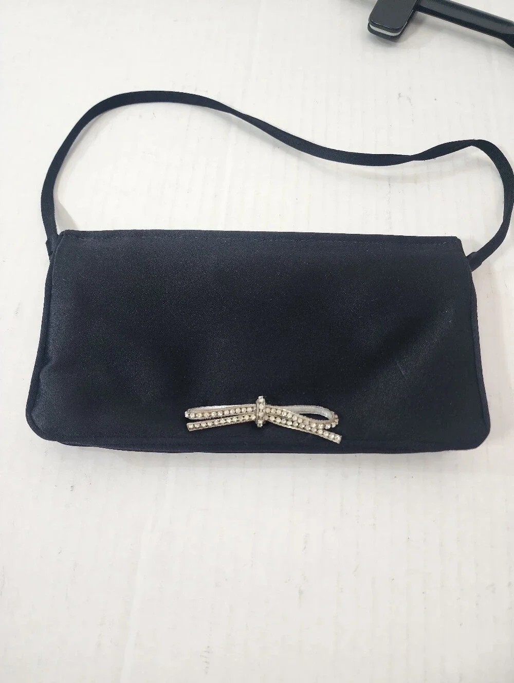 Vintage Y2K Jimmy Choo Black Silk Satin Crystal Bow Evening Clutch Bag